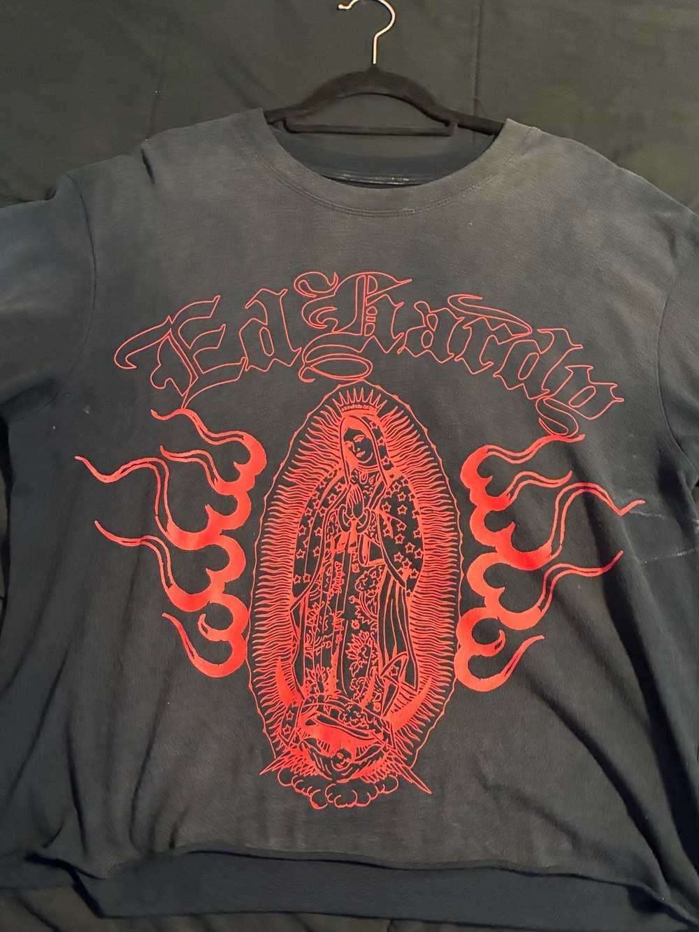 Ed Hardy Black Crewneck Sweatshirt with Red Religious Graphic